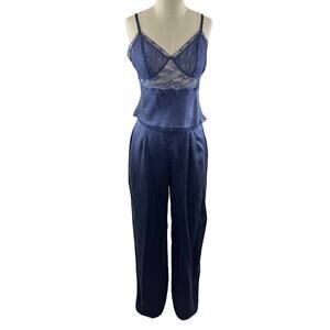 Victoria's Secret Tanga Blue Silk Satin 2-Pc Pajamas Set Sheer Lace Cami Pant M